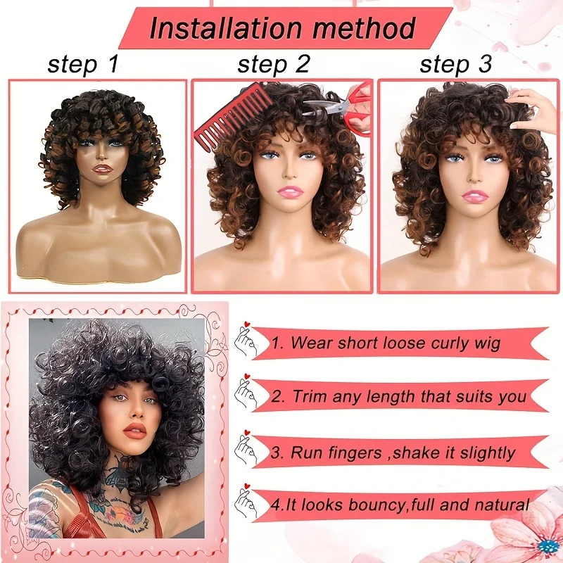 Perucas curtas soltas encaracoladas para mulheres, cabelo cosplay sintético natural, Bob afro-pervertido com estrondo, vermelho, marrom, rosa, afro