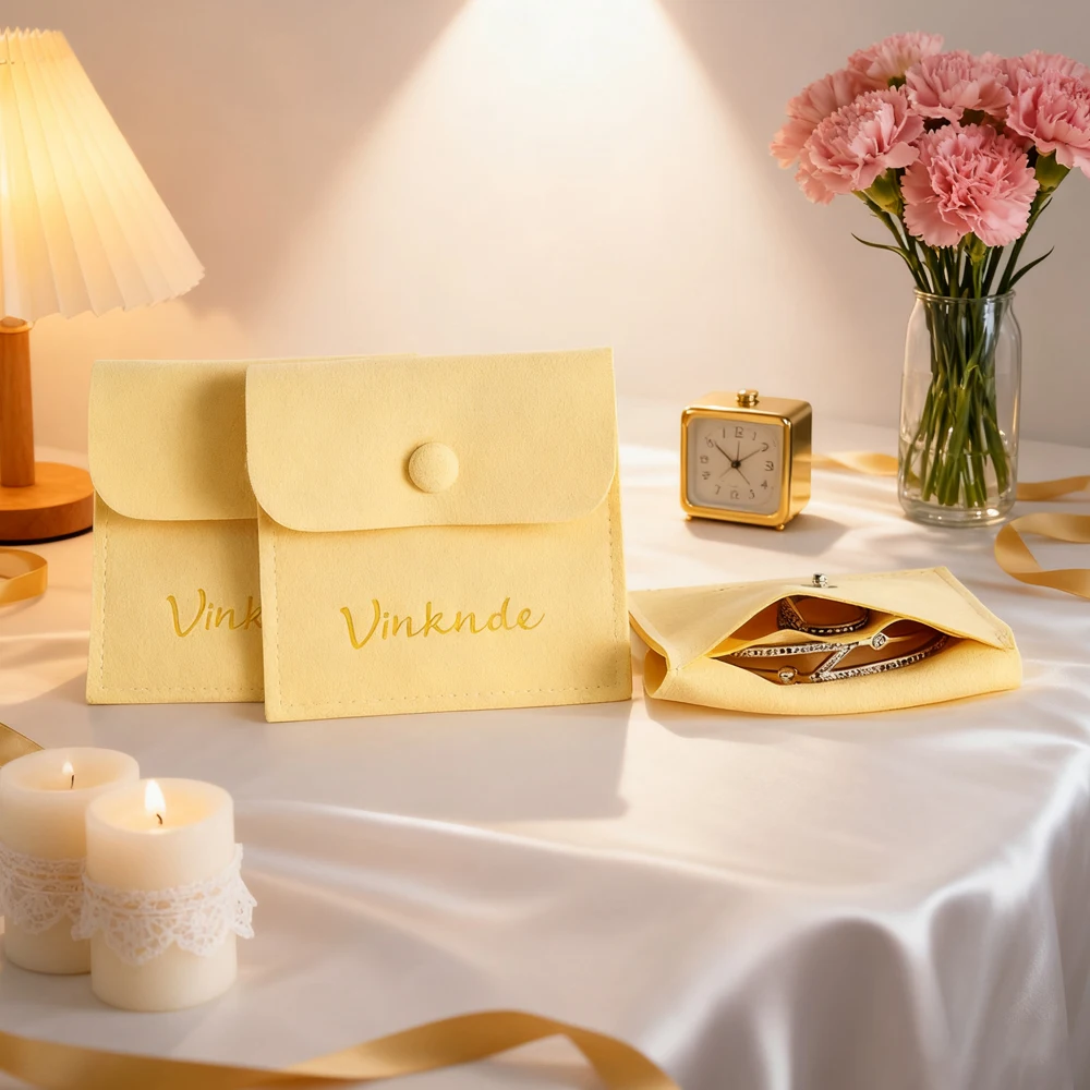 

50 упаковок, персонализированная желтая сумка для хранения ювелирных изделий из микрофибры, чехол для колец, серег, ожерелий, браслетов, мягкие бархатные сумки-защелки