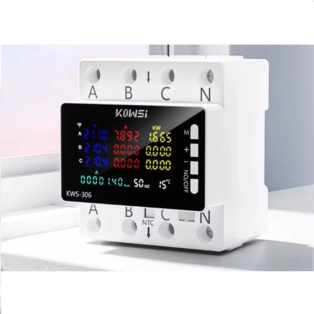 KWS-306L WiFi Energy Meter DIN Rail 3-Phase 4-Wire AC 85-290V Color Screen Voltmeter Amp Watt KWh Power Meter