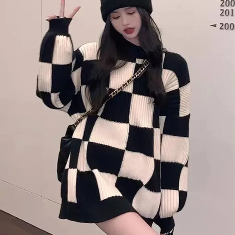 Checkered Sweater Women Harajuku Y2K Black White Plaid Pullover Sweater Long Sleeve Fashion Streetwear Winter Knitted Jumper