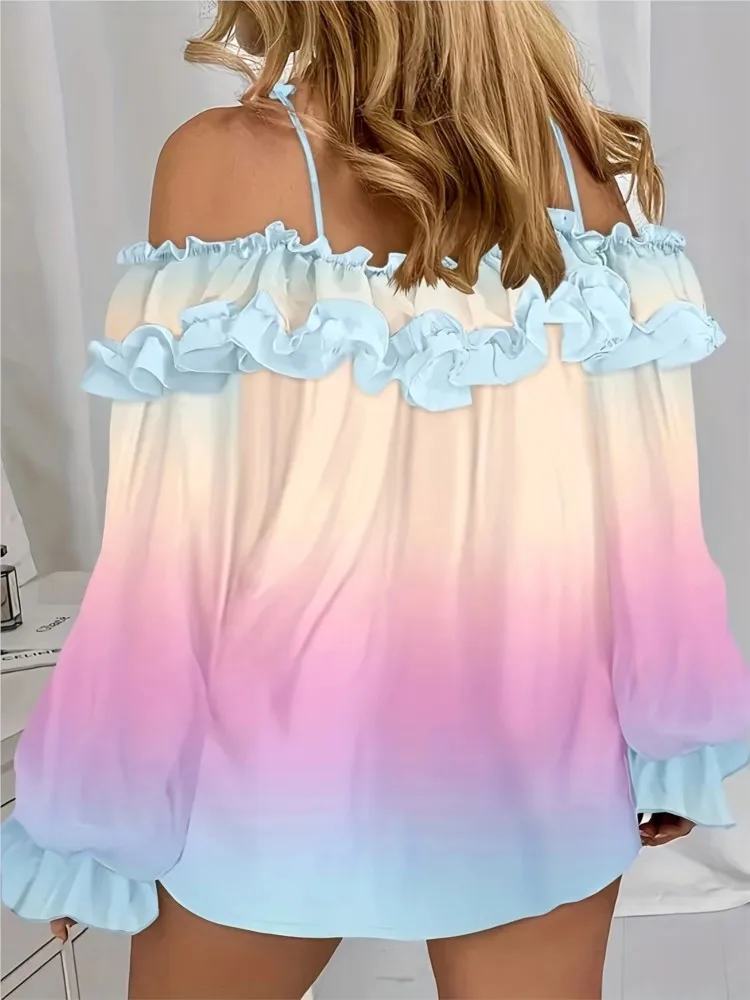 Fashion Off-shoulder Lace-Up Blouse Women Casual Loose Top Spring Autumn Long Sleeve Gradient Print Shirt Ruffles Vacation Style