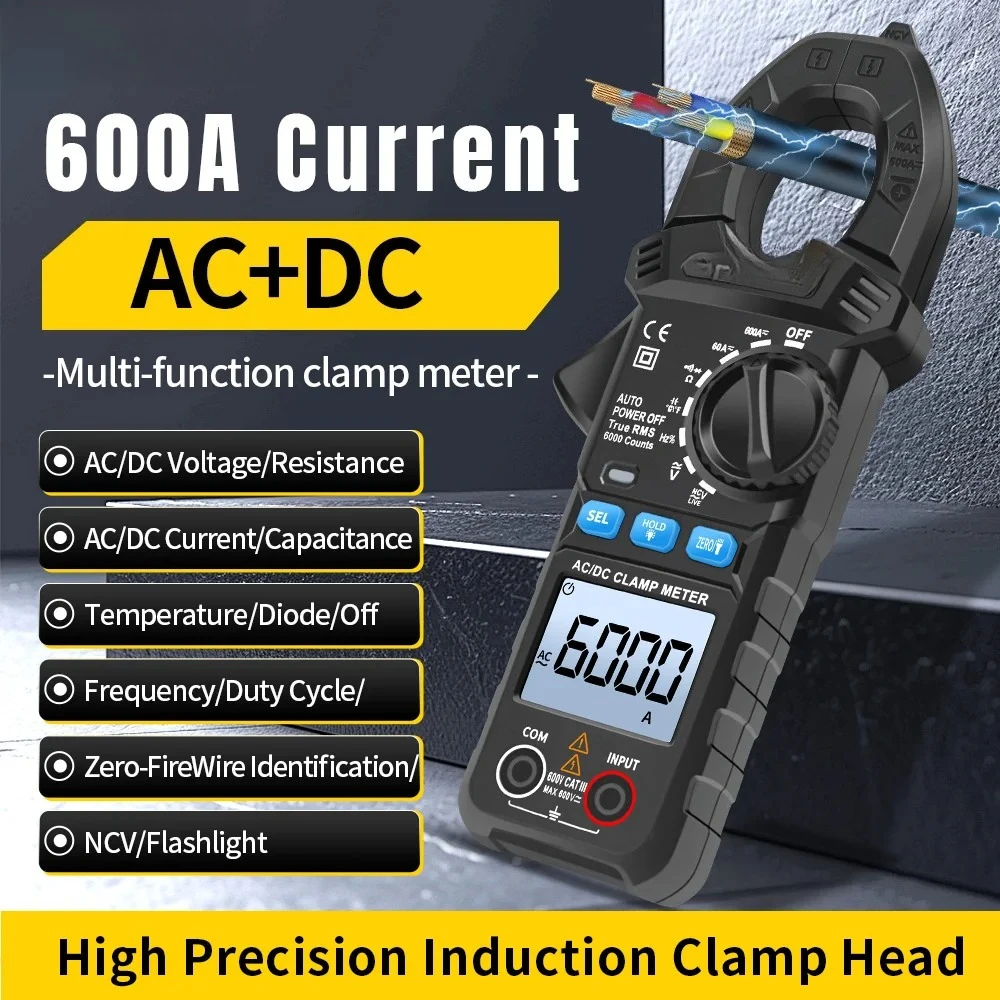 Clamp Meter Digital Multimeter 6000 Counts AC/DC Voltage Current NCV Resistance Capacitance Electrician Test Tool
