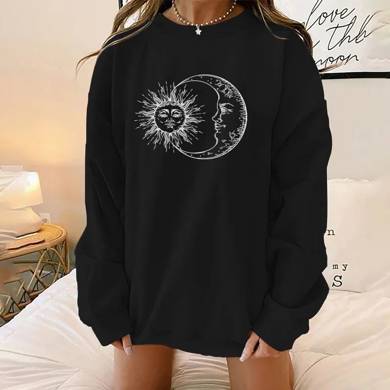 Autumn&Winter New Sun Moon Personalized Printed Women's Loose Round Neck Falling Shoulder Long Sleeve Hoodie Halloween Pullover