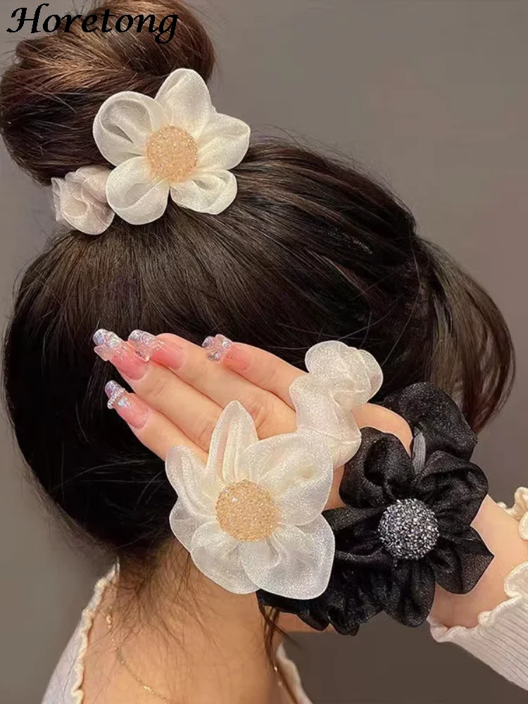 Horetong New Mesh Flower Hair Ring Shine Hair Tie Korean Temperament Elastic Hair Band Hair Rope For Women Hair Accessories