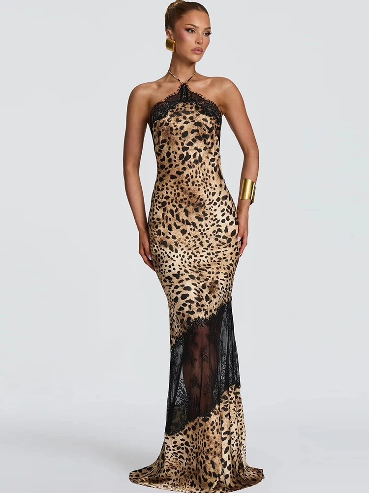 Kliou Sexy Leopardenmuster Langes Kleid Damen Neckholder Off-Shoulder Rückenfrei Spitzen-Patchwork-Dekoration Nachtclub Party Kleider – Detail 2