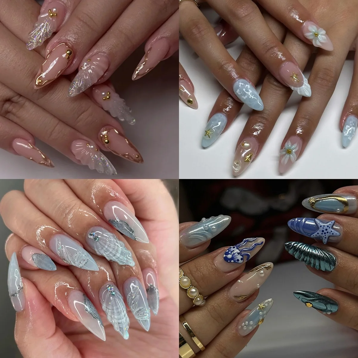 

Summer Shell Ripple Design Gold Bead Pearl Rhinestone Star Long Pointed Fake Nails False Nails Art Glitter Powder Press on Nails