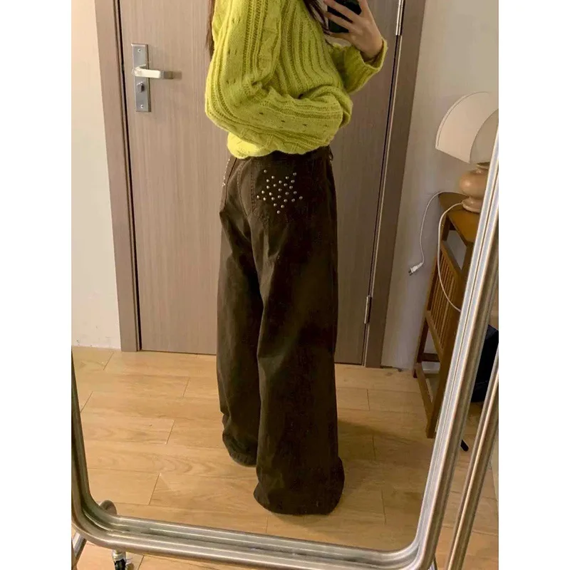 

Y2K Wide Leg Jeans Women Brown Star Studded Pocket Casual Loose Floor Length Pants