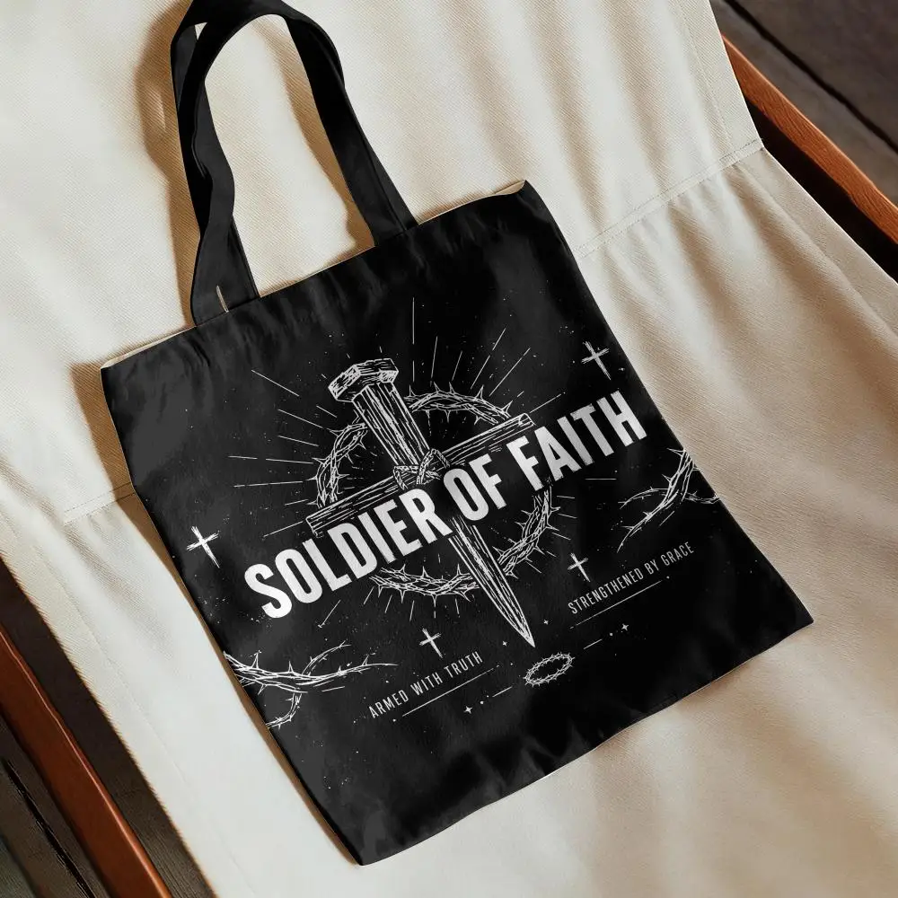 Vintage Sketch Faith Warrior Cross Thorn Storage Bags Canvas Tote Bag Women Capacity Reusable Eco Shopping Shoulder Handbag