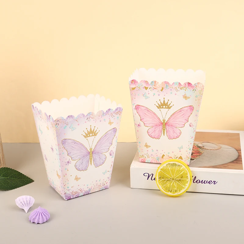 6Pcs Butterfly Theme Birthday Party Popcorn Boxes Candy Box Butterfly Pattern Decor Baby Shower Wedding Party Packaging Bag