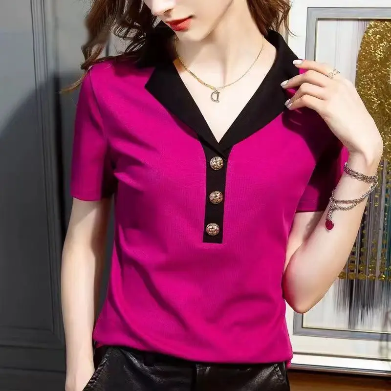 French Women Elegant Office Lady T-shirt Summe Fashion Short Sleeve Slim Pullover Tees Female Clothes Solid Chic All-match Tops