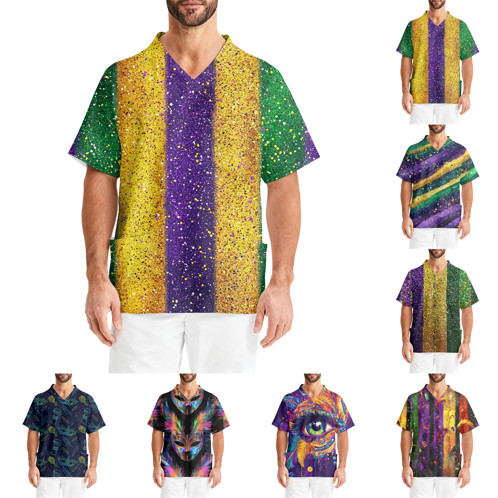 Uniforme d'infirmière imprimé de carnaval, chemise à manches courtes pour hommes, col en v, uniforme d'infirmière à manches courtes, veste de soignant de poche