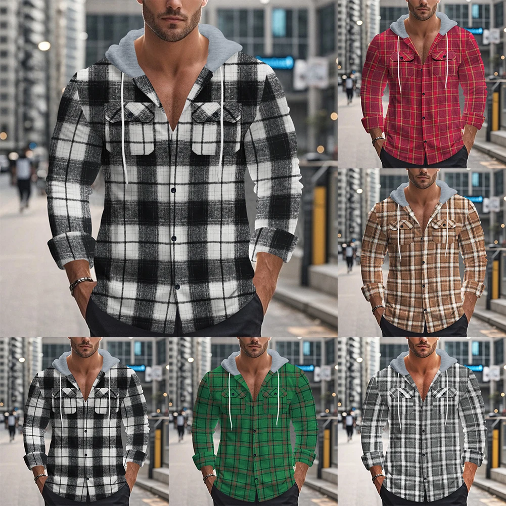 Men Holiday Daily Spring Autumn Flannel Plaid Long Sleeve Hooded Shirt Male Fashion Casual Cardigan