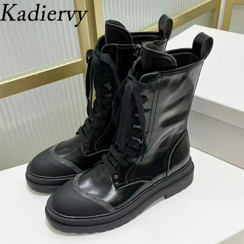 

Luxury Suede Leather Short Boots Woman Round Toe Lace Up Knight Boots String Bead Flat Shoes Women Casual Motorcycle Boots Women