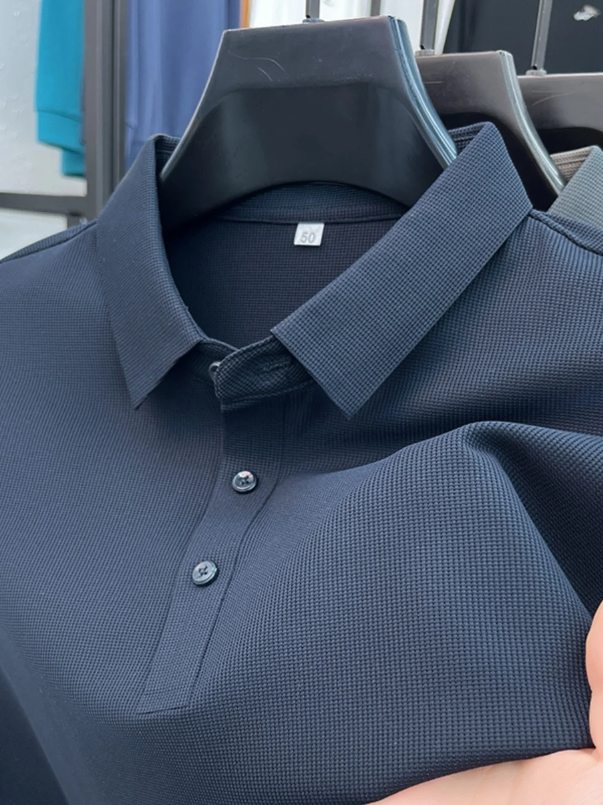

Spring Autumn Long Sleeve Shirt Seamless Net Color Midlife Fashion Dad Style T-Shirt Business Casual Breathable Ice Silk
