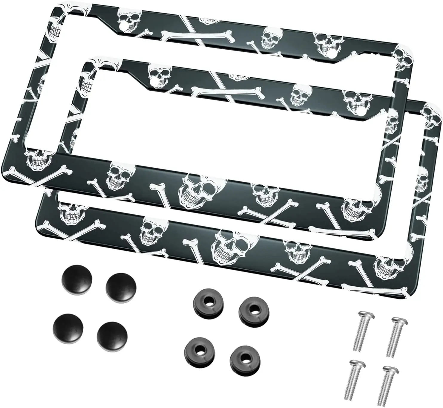 Pirate Jolly Roger Skull Crossbones License Plate Frame Black and White Metal 2 Pcs Black Licenses Plates Frames Car Tag Frame