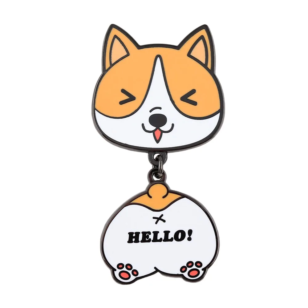 Lustige Corgi-Hund-Emaille-Anstecker, kreativer Corgi-Po mit „Hallo!“ Buchstaben-Broschen, hängende Tier-Abzeichen, Taschen-Reversnadel, Schmuckgeschenk – Detail 1