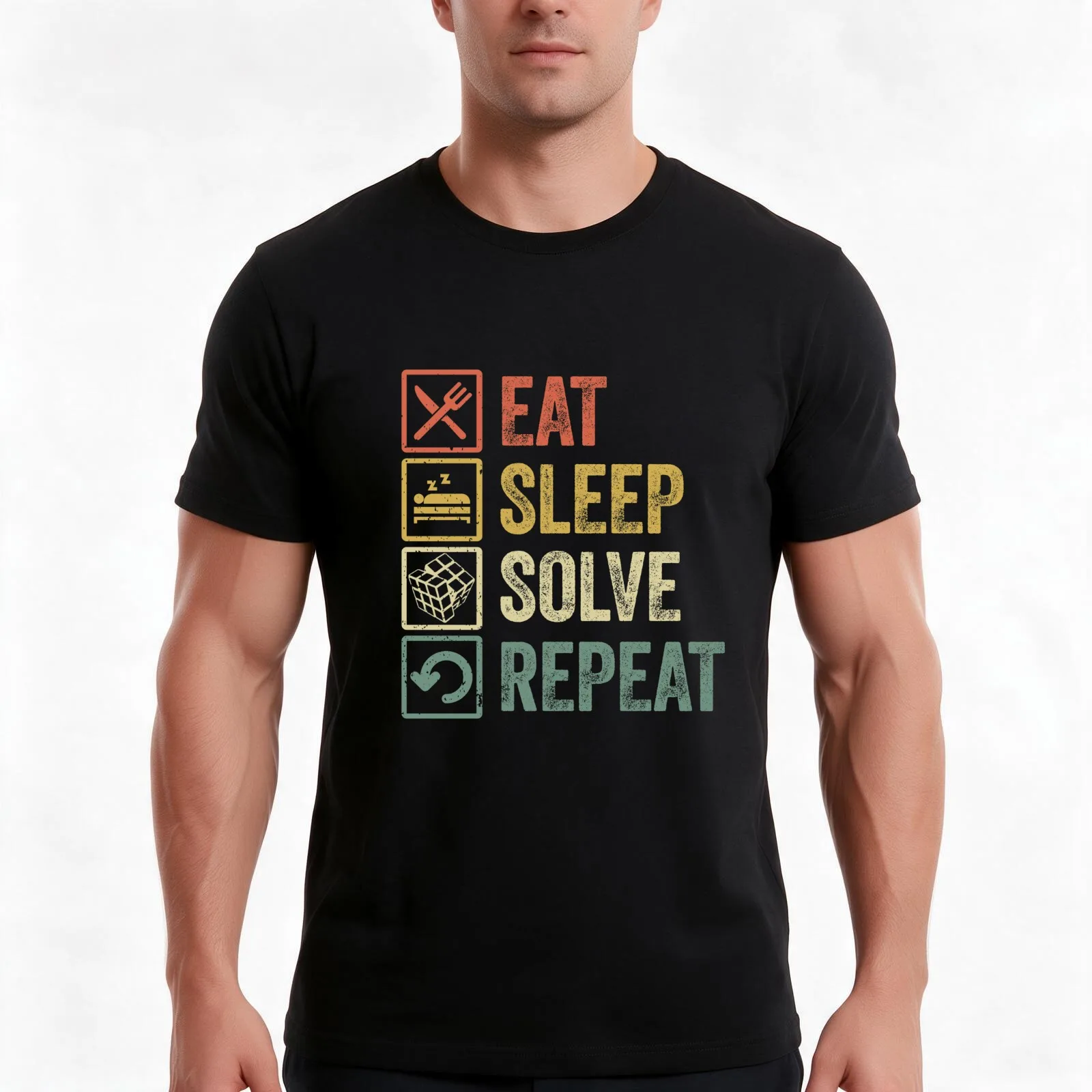 Funny eat sleep solve repeat retro vintage gift T-Shirt, Summer Casual Cotton Tee, Oversized Streetwear Tops, Unisex Men Women