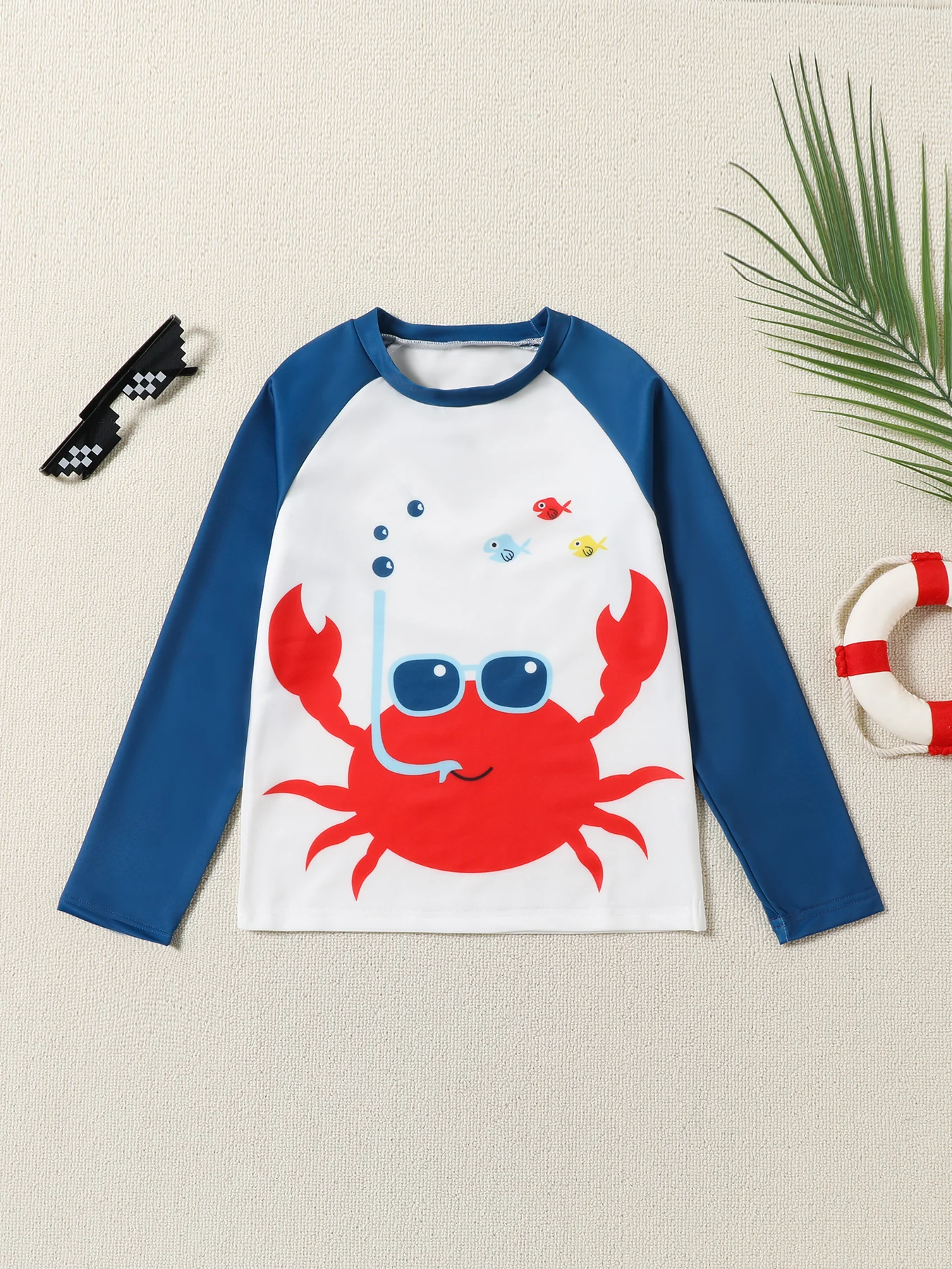 Boys\' Long Sleeve Crab T-Shirt Shorts Two-Piece Beach Vacation Style Swimsuit Set