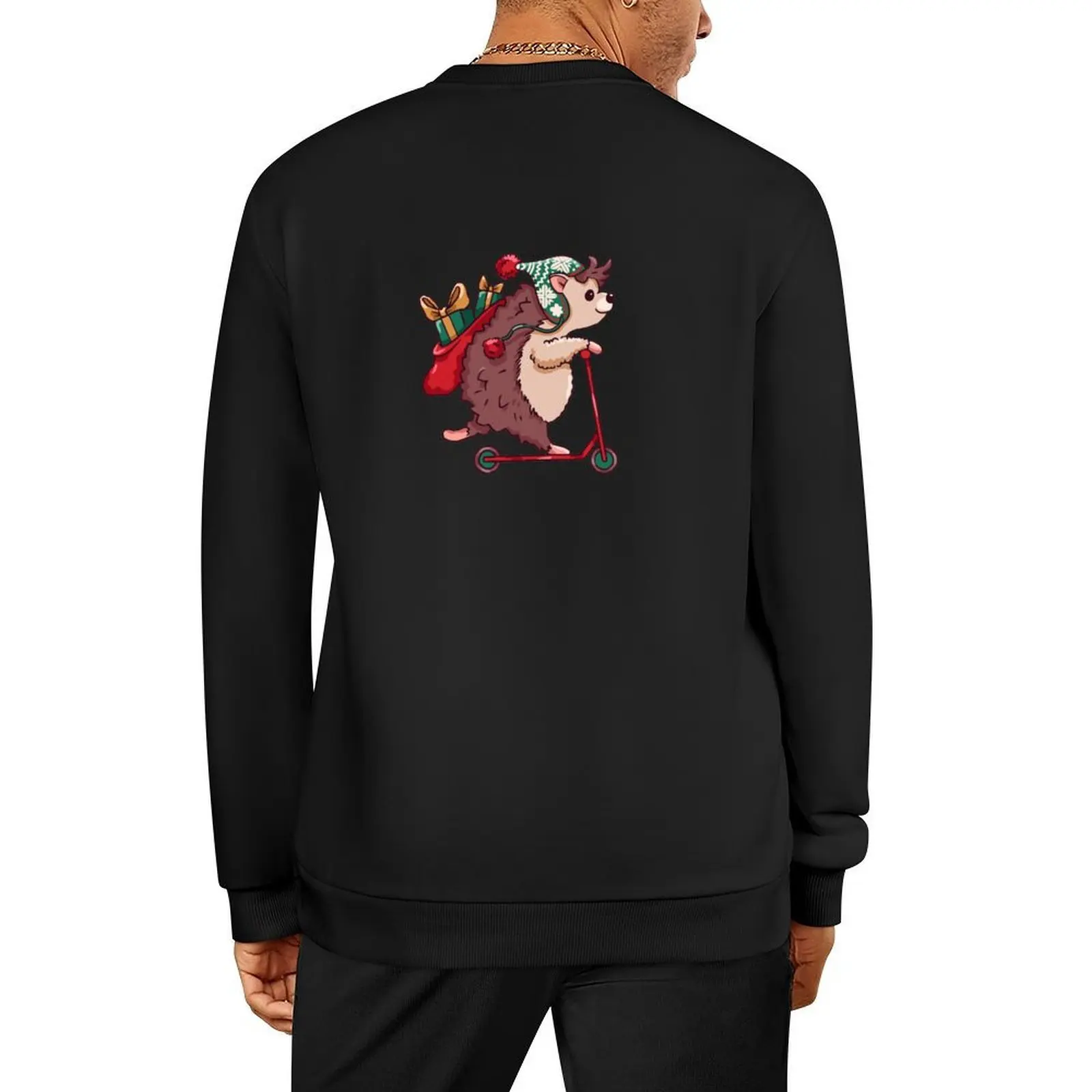 

Cute Cartoon Christmas Hedgehog on Scooter Pullover mens clothes men's coat men clothes anime clothing men's sweatshirt
