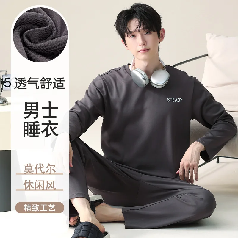 Big Size L-4XL Men Modal Pajamas Suit Solid Color Long‑Sleeve Long Pants Loose Casual Homewear for Spring Autumn Hombre Pijamas