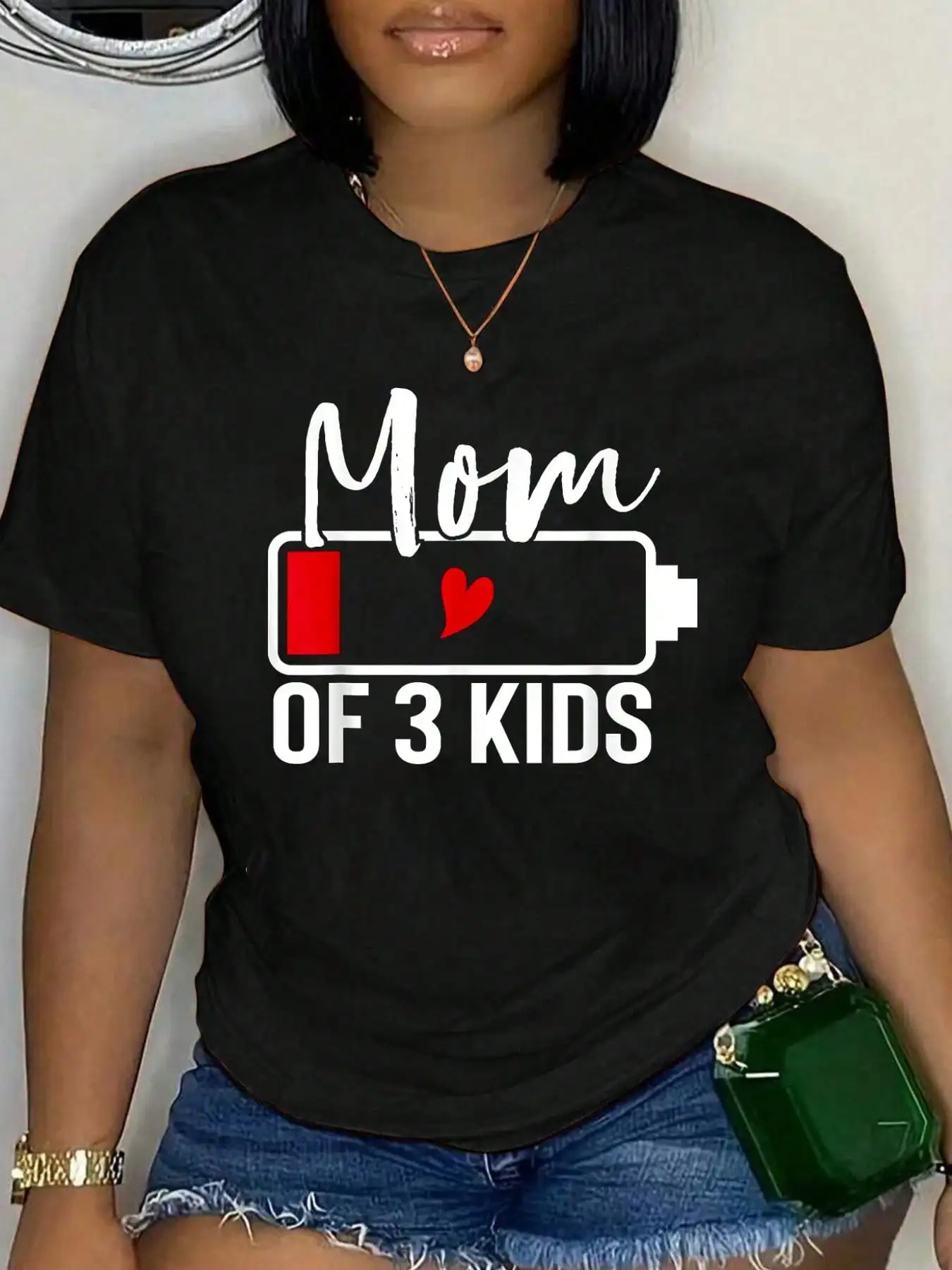Cotton Mom Of 3 Kids Low Battery Uncharged Funny Mother's Day T-Shirt