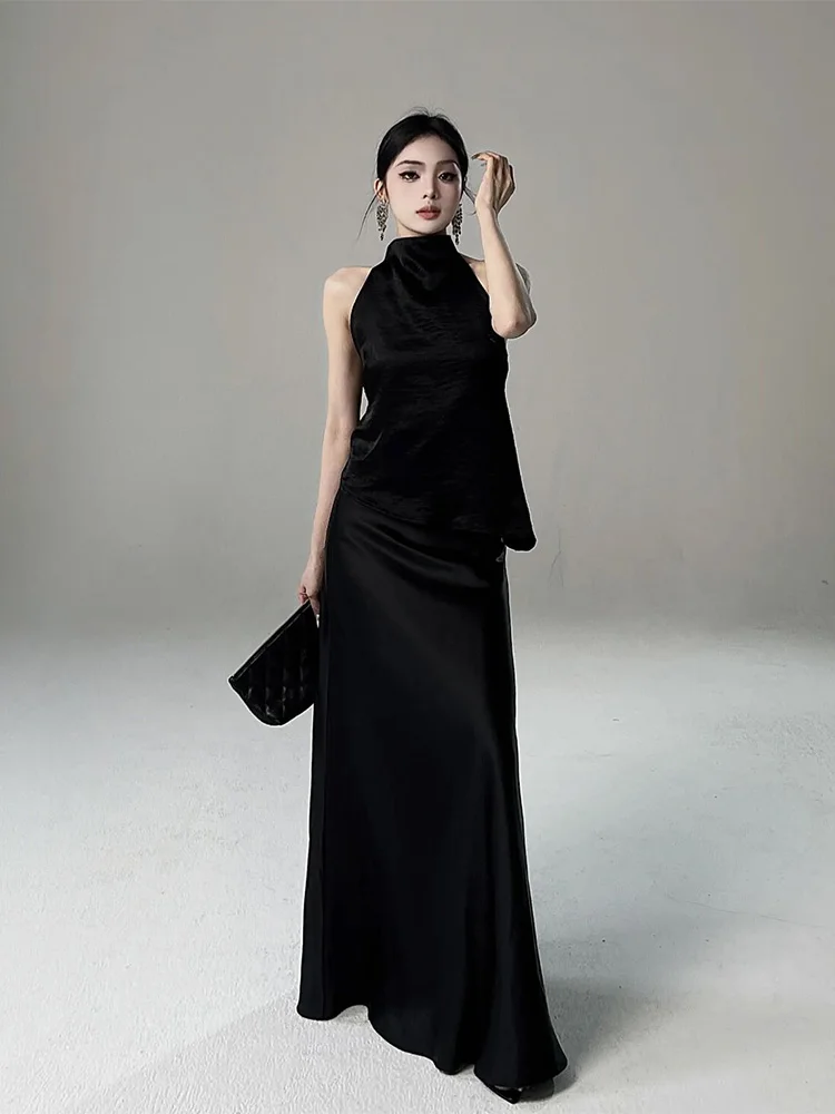 

Strive Elegant plus Size Women's Summer Outfit with Sleeveless Backless Satin Long Skirt Set Fashionable Commute Style