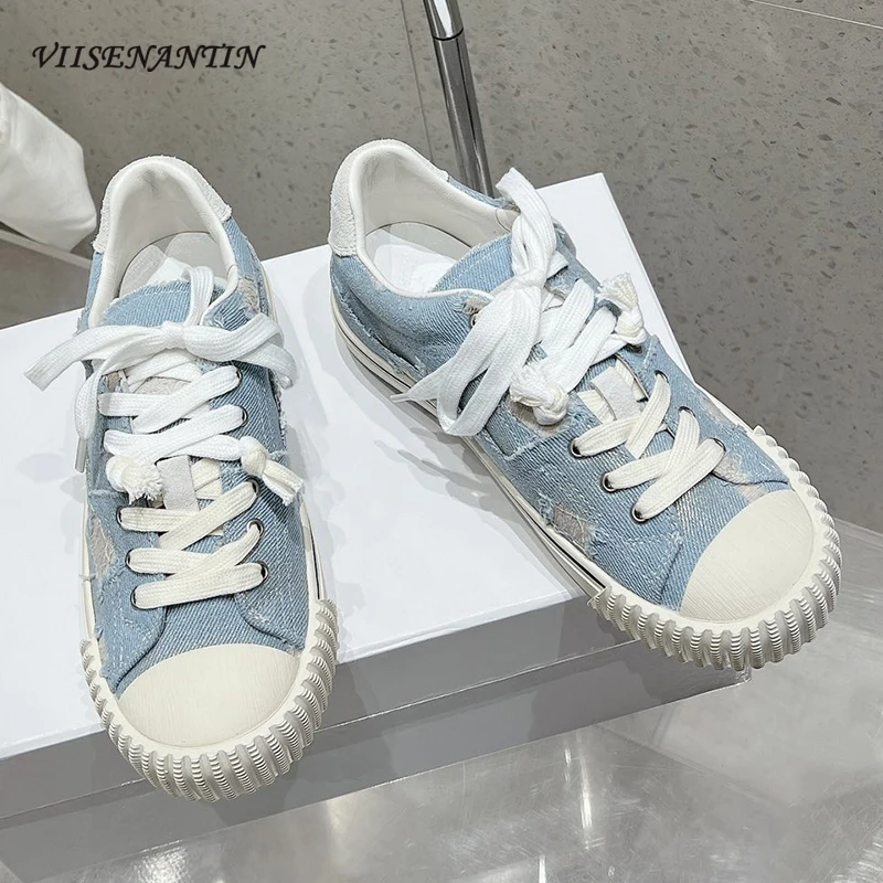 

Women's Canvas Shoes 2024 Hot New Round Toe Thick Bottom Lace Up Sneakers Shoes Leather Patchwork Ladies Casual Vulcanize Shoes