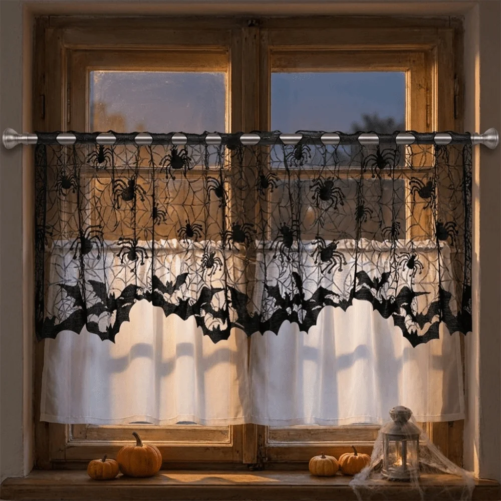 Dark Style Halloween Spider Curtain Hand Washable Soft Spider Web Table Runner Translucent Lace Curtain Mantle Stove