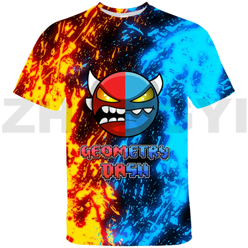 Cartoon Angry Geometry Dash Game 3D T Shirt for Men Oversized Short-Sleeved Kids Clothing Sports Top Tees Women's Anime Shirt