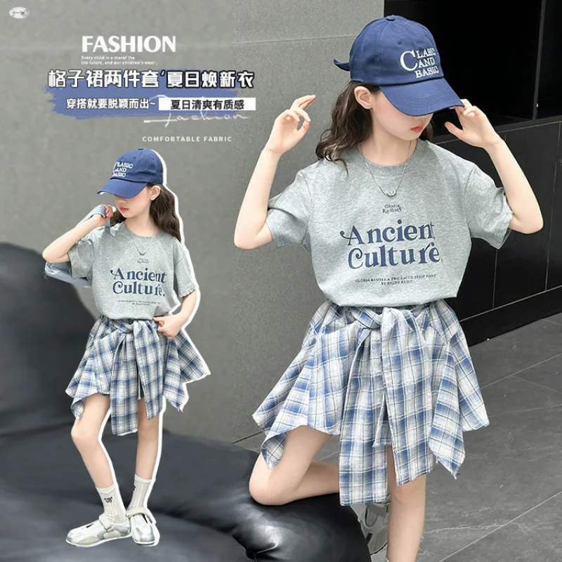 Girls' Summer Short SleeveTT-shirt set for older children2026Loose-fitting irregular plaid skirt for children, two-piece set
