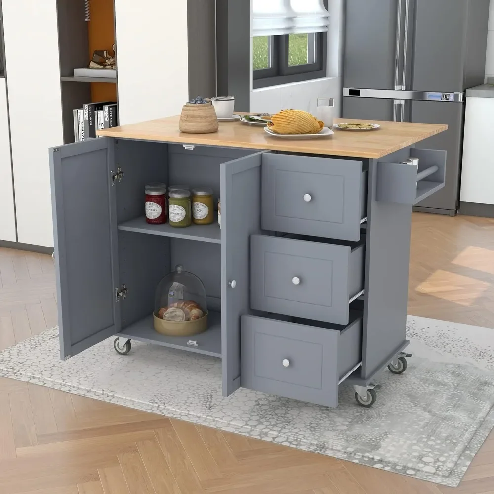 Modern Utility Storage Trolley Cart with Solid Wood Top and Locking Wheels - Grey Blue