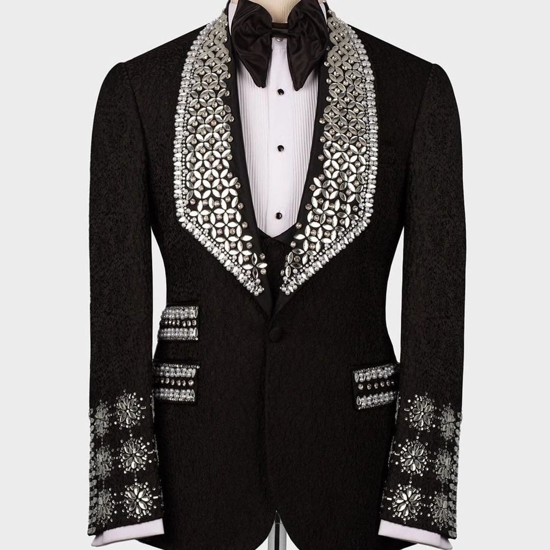 Luxury  Beads Diamonds Sparkly2 Pieces Blazer Vest Men Suits One Button Wide Lapel Formal Prom Wedding Groom Plus Size  Tailored