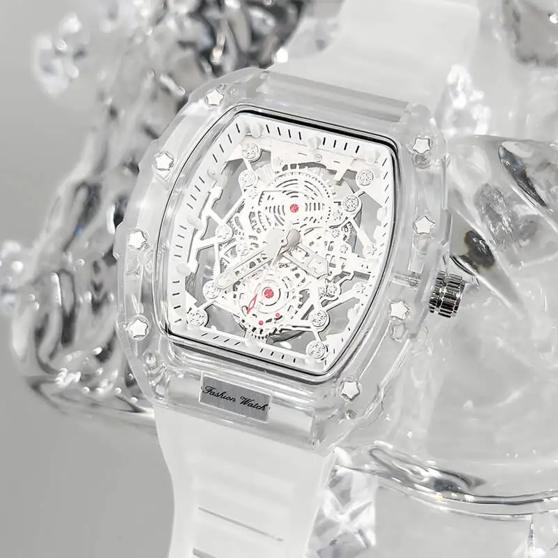 

Мужские часы HUMPBUCK Tonneau Skeleton с прозрачным корпусом, силиконовым ремешком и видимым механизмом, наручные часы