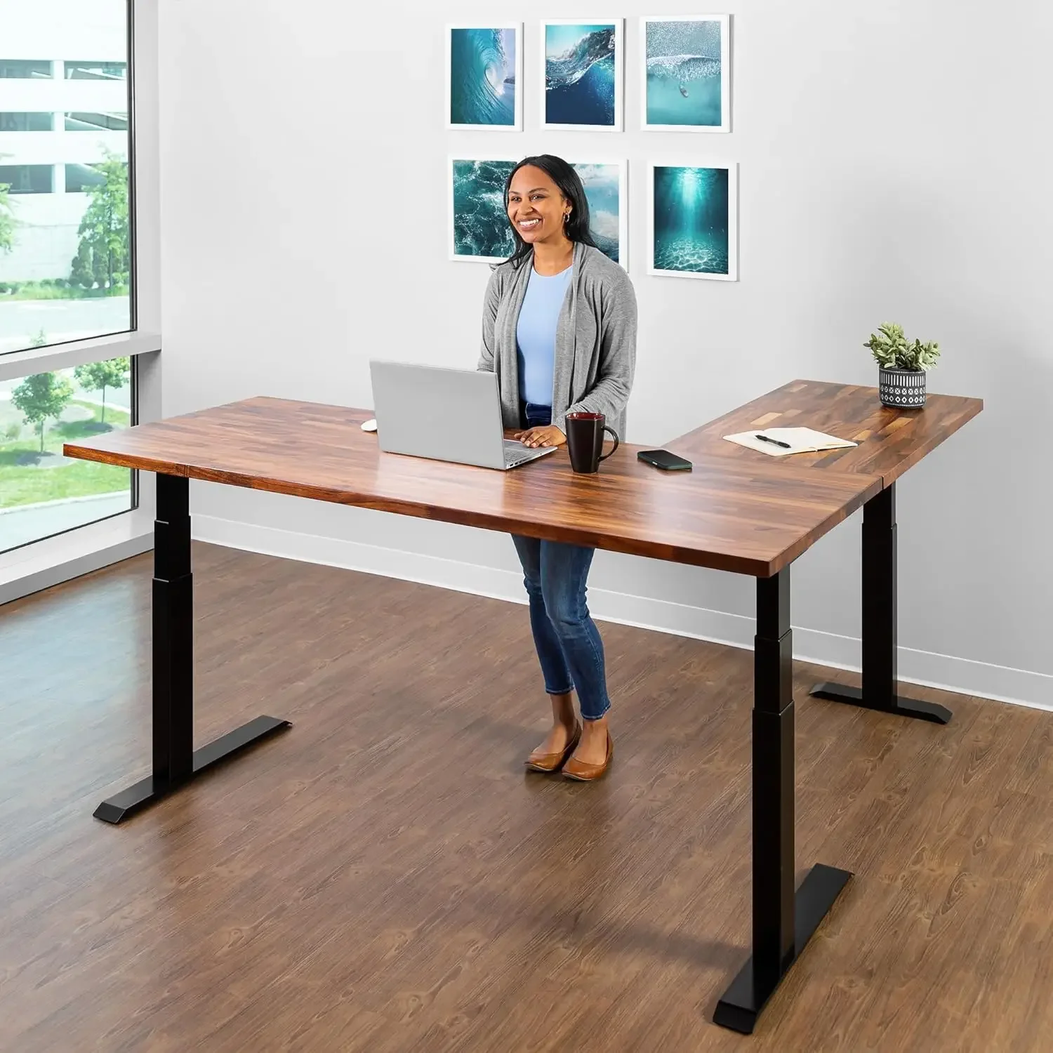 Triple Motor Electric L-Shaped Corner Standing Desk with EZ Assemble Frame (Black Frame/Solid Walnut Top, 71 inch W x 71 inch D)