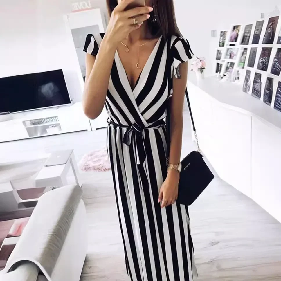 Women\'s S-2XL size new printed V-neck striped belt dress maxi dresses for women  bodycon dress  dress for women