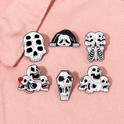 Death Skull Enamel Pins Custom Black Skeleton Brooches Lapel Badges Gothic Punk Hip-hop Jewelry Gift for Friends