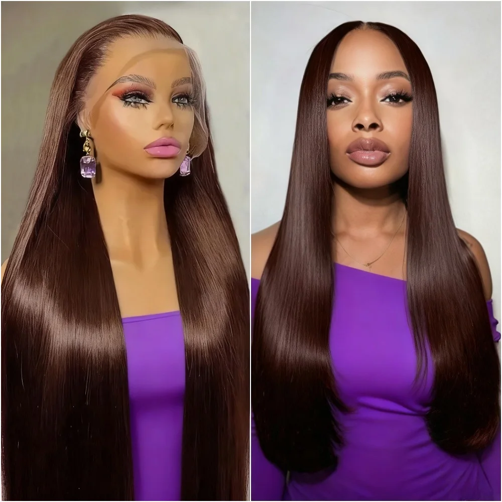 30 40 Inches Chocolate Brown Lace Front Human Hair Wig Pre Plucked Dark Brown Bone Straight 13x4 13x6 HD Lace Frontal Wigs