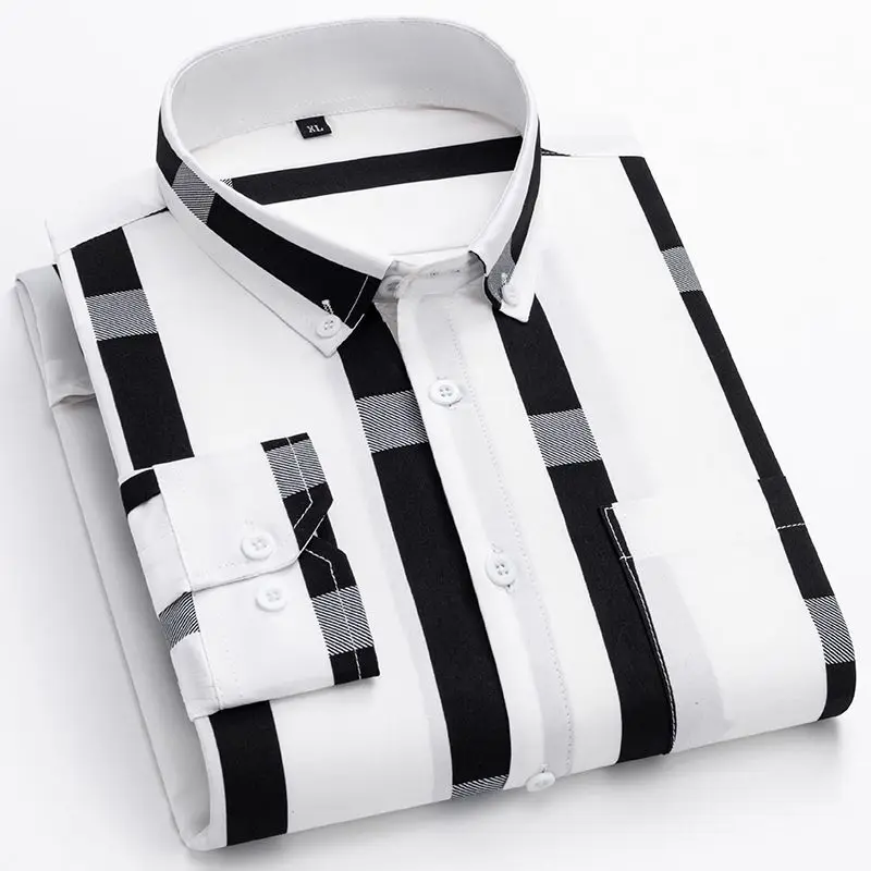 Y2k Spring and Autumn Men\'s Striped Shirt Long Sleeve Business Casual Square Collar Regular Fit Anti-wrinkle Pocket Male Shirt