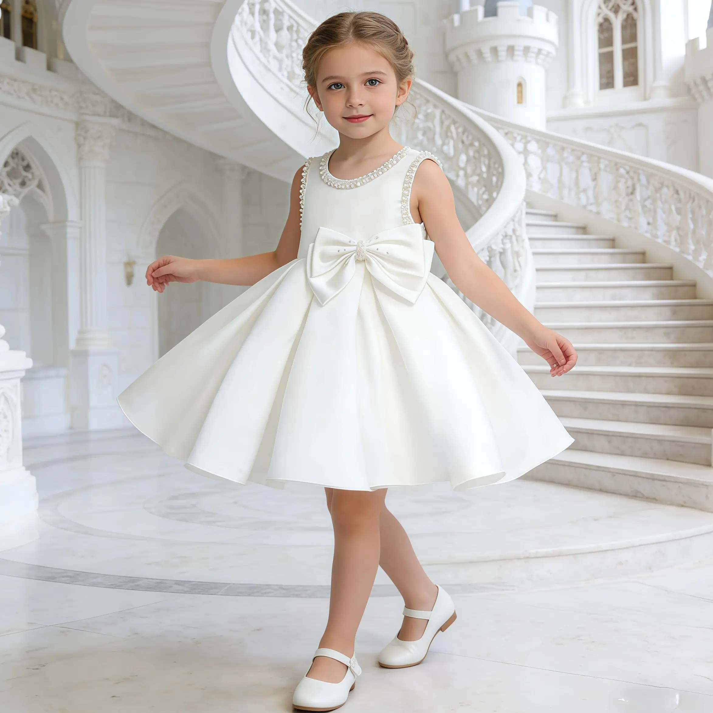 

Вечерние платья принцессы с бантом и бисером для девочек, детский торжественный костюм для детей, торжественный вечерний костюм на свадьбу, день рождения, праздничные платья