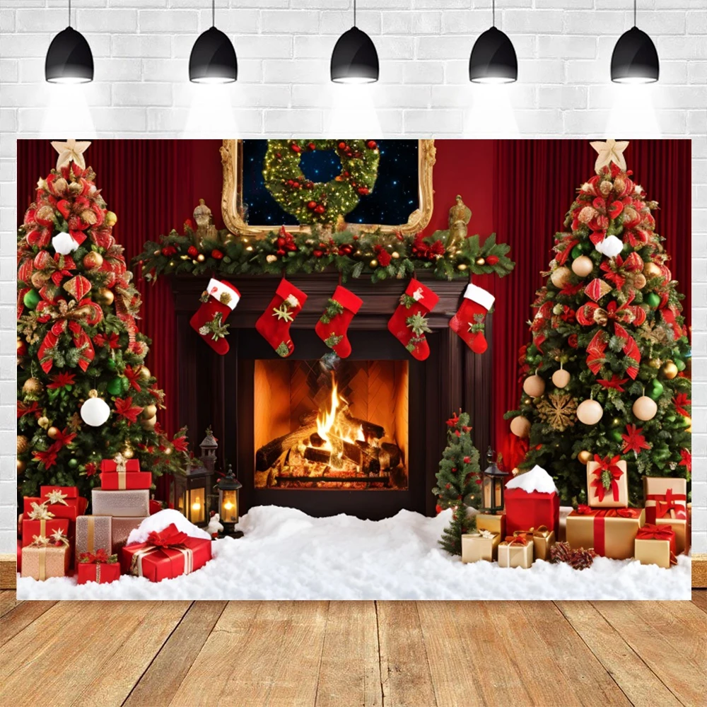 Christmas Fireplace Photography Backdrops Xmas Tree Window Christmas Eve Background Family Party Decor Banner Photobooth Props