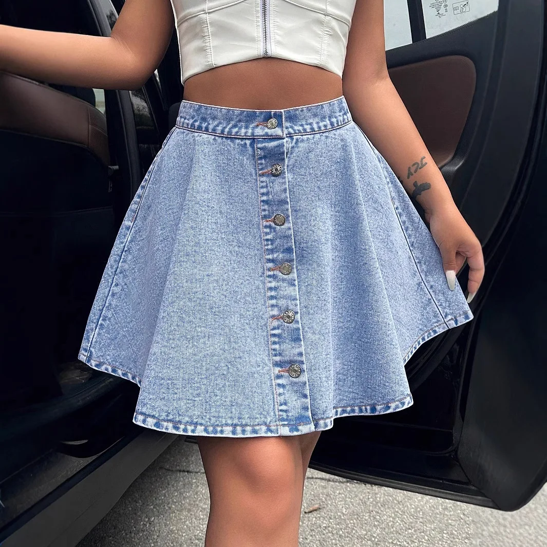 

Women's Casual High Waisted Flared Denim Mini Skirt, Button Front A-Line Washed Denim Skirt