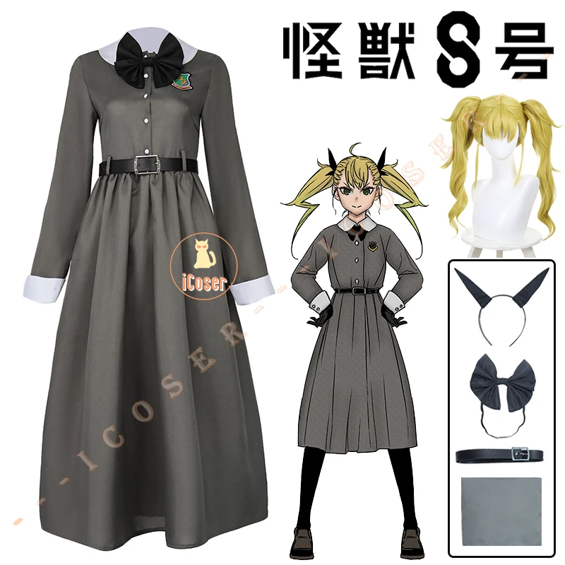 Kikoru Shinomiya Cosplay Costume Wig Anime Kaiju No. 8 Gray Dress Uniform Headwear Third Division Halloween Party Women iCoser