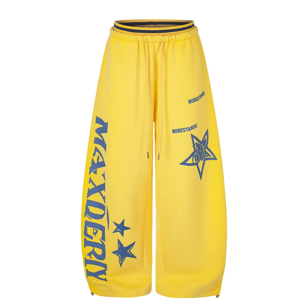 MWJLPWQ American Hip-Hop Star-Letter Scythe Sweatpants Men Trend Pants Color-Blocked Waistband Loose-Fit Wide-Leg Trousers 20774