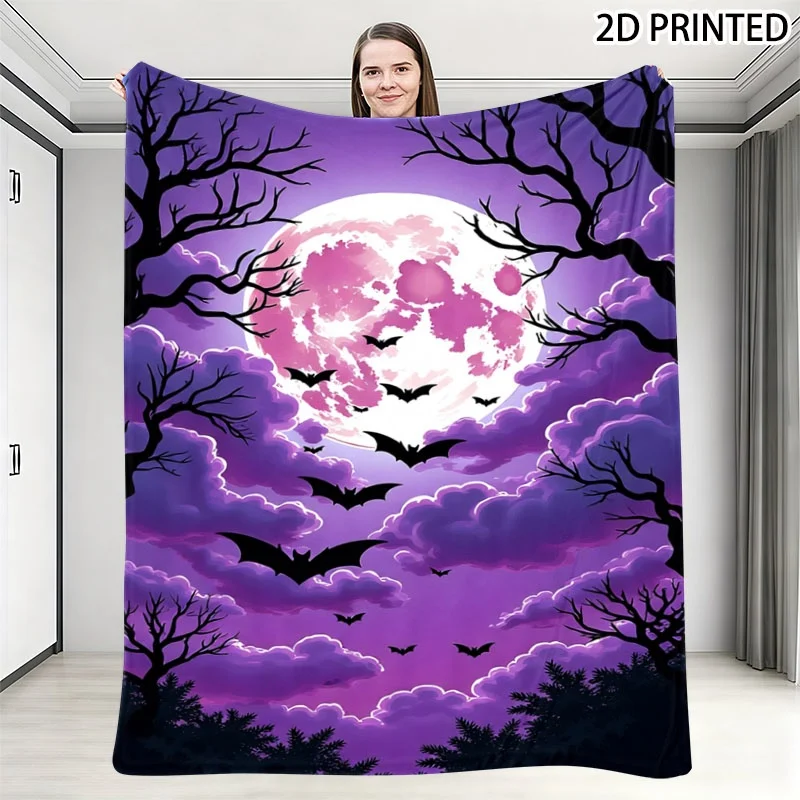 Spooky Halloween Night Print Throw Blanket, Pinkish White Full Moon, Purple Clouds & Flying Bats Pattern, Multiple Specification