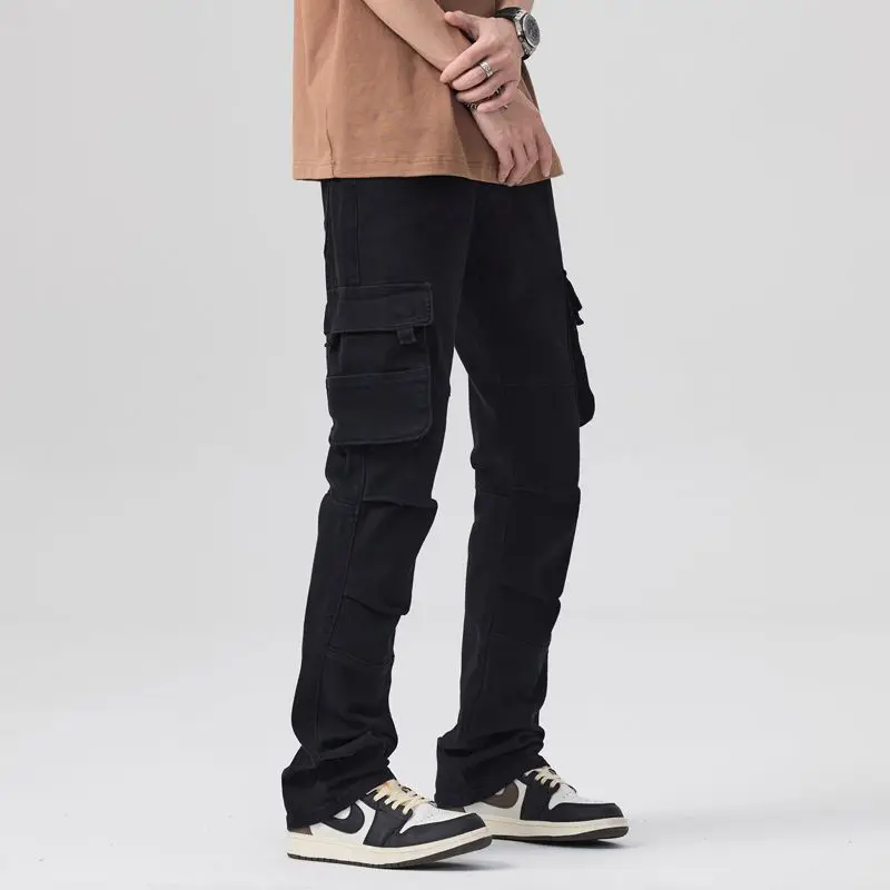 American high street jeans men's loose fitting straight tube design washed cargo casual long pants men  jeans cargo pants men