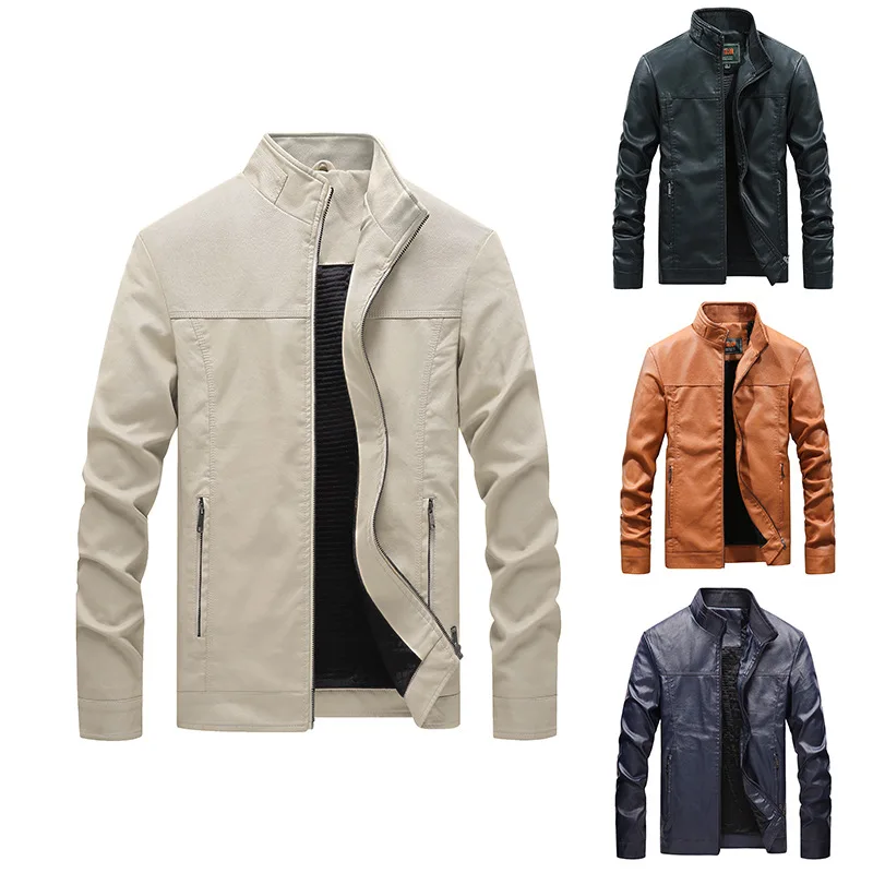 Spring Autumn Men's Stand Jacket Collar Solid Color Motorcycle PU Leather Jacket Winter Large Leather Fashion Male Clothing