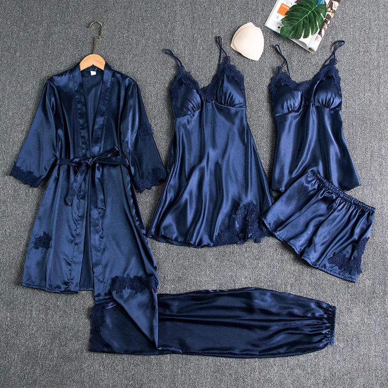 Sexy Bathrobe Kimono Gown Five Piece Set Solid Lace Edge Pajamas Female Satin Loose Loungewear Cami&Shorts Lingeries Sleepwear