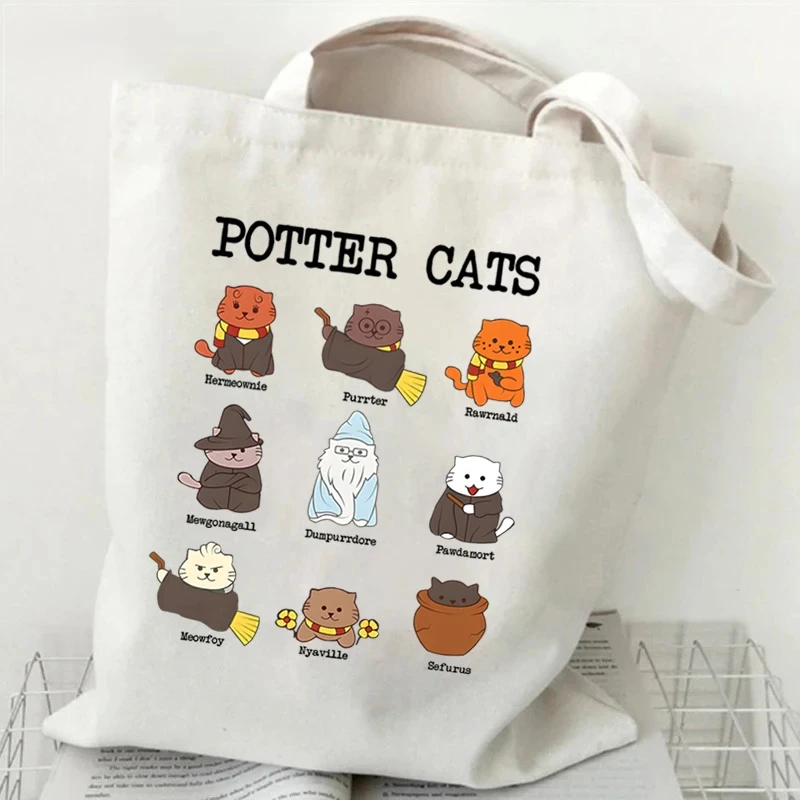 Potter Cats Canvas Bag Women Shoulder Bags Harajuku Animal Cat Funny Tote Bag Reusable Shopping Bag Potter Cats Women Handbags