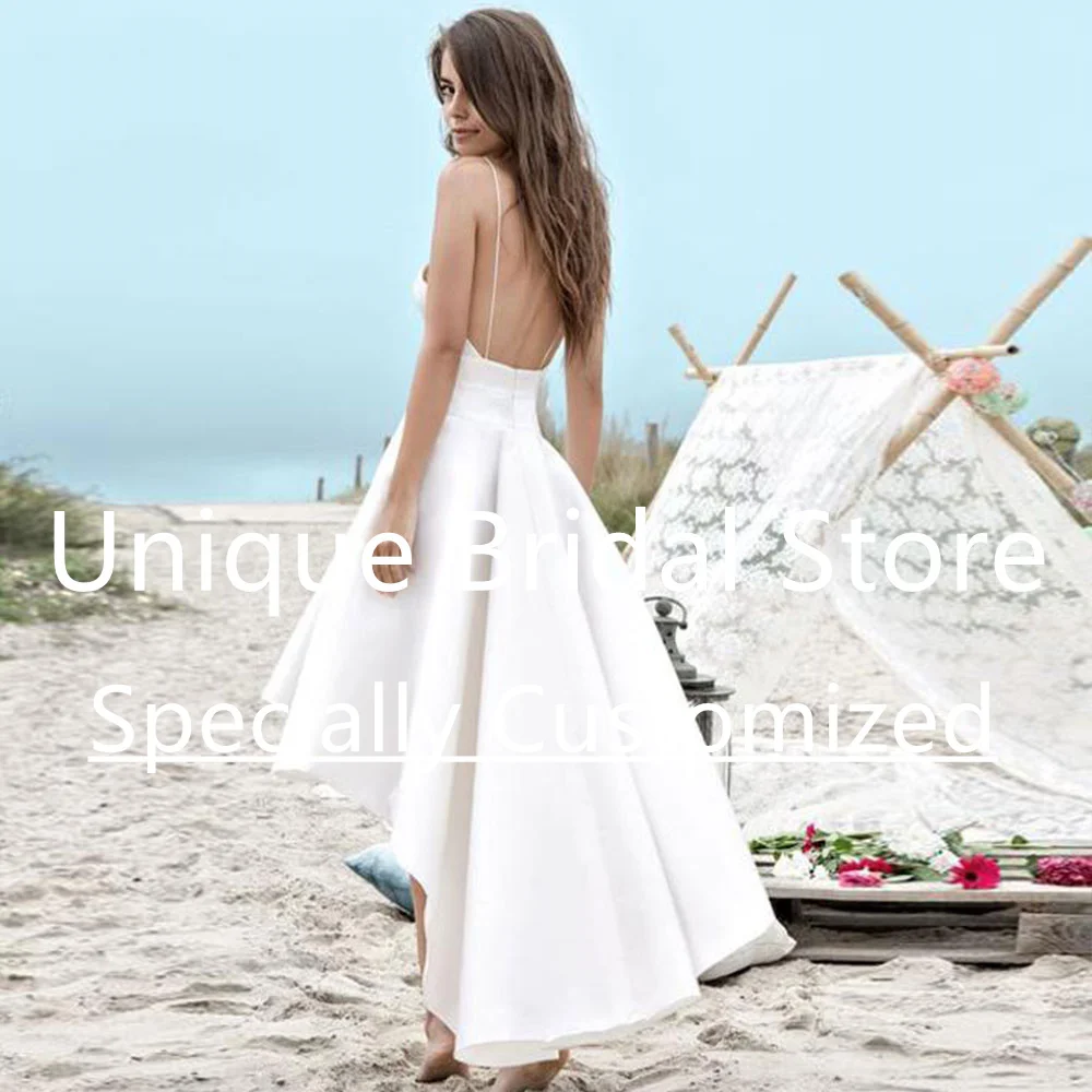 Satin Wedding Dresses Short V-Neck A-Line Backless Zipper Spaghetti Strap Sleeveless Pockets High Quality Bride Dress Customized