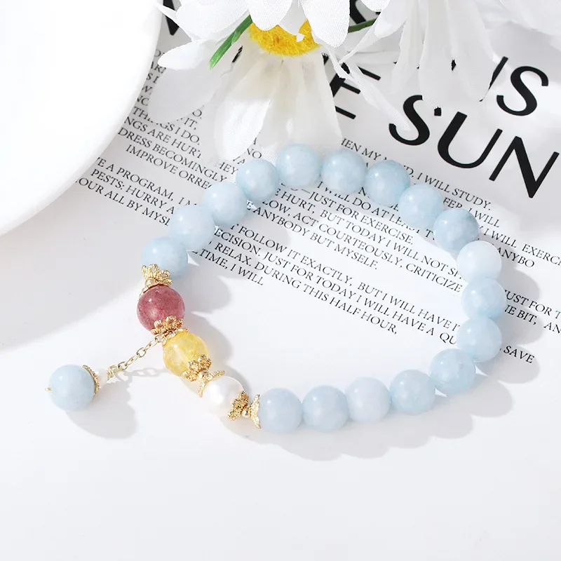 Luxury Natural Stone Aquamarine Freshwater Pearls Strawberry Rutilated Crystal Women's Bracelets Fashion Jewelry 2023 New YBR303